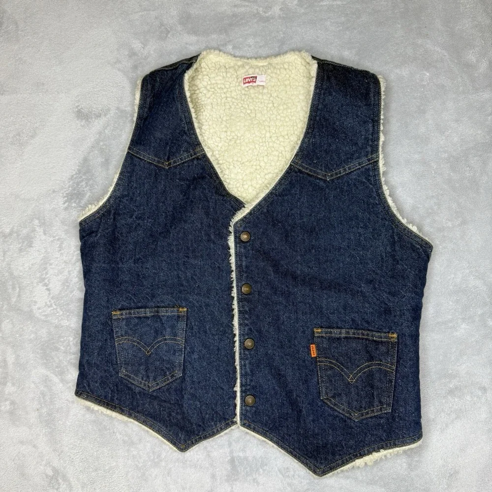 Vintage Levi's Orange Tab Sherpa Denim Vest Large 70s Western Jean USA Style
